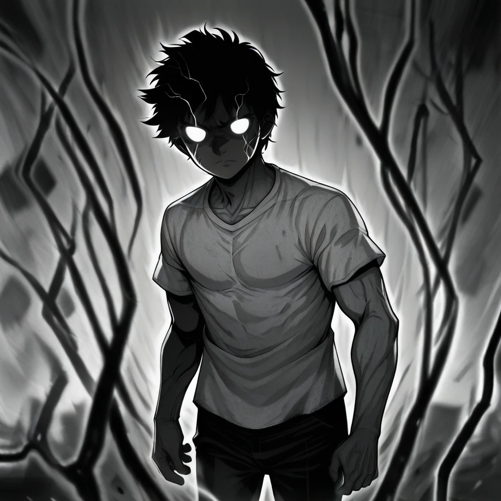 masterpiece, best quality, RageMode, no pupils, glowing eyes, monochrome, greyscale, 1boy, solo, black hair, short hair, cowboy shot, white shirt, black pants,  <lora:RageMode_MobPsycho100_illustrious_Leaf2:1>, depth of field, official art, sharp line,