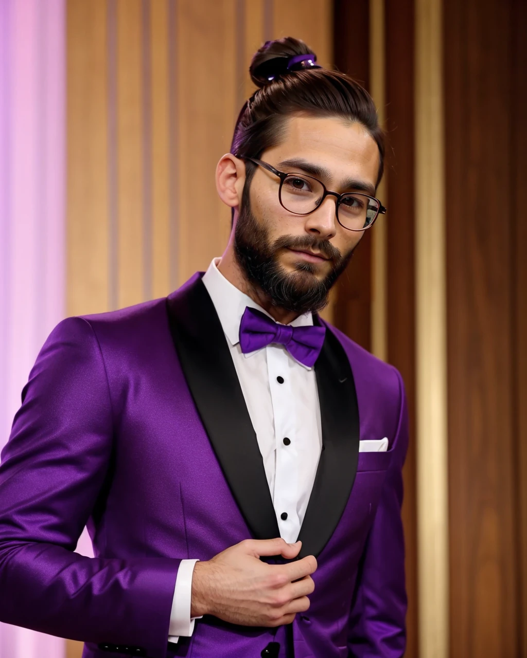 man, 29 years old, (trimpeyf00n:0.8), brown hair, man bun, thick hipster glasses, purple rhinestone tuxedo, purple bow tie, serious expression, pompous asshole, standing in ballroom