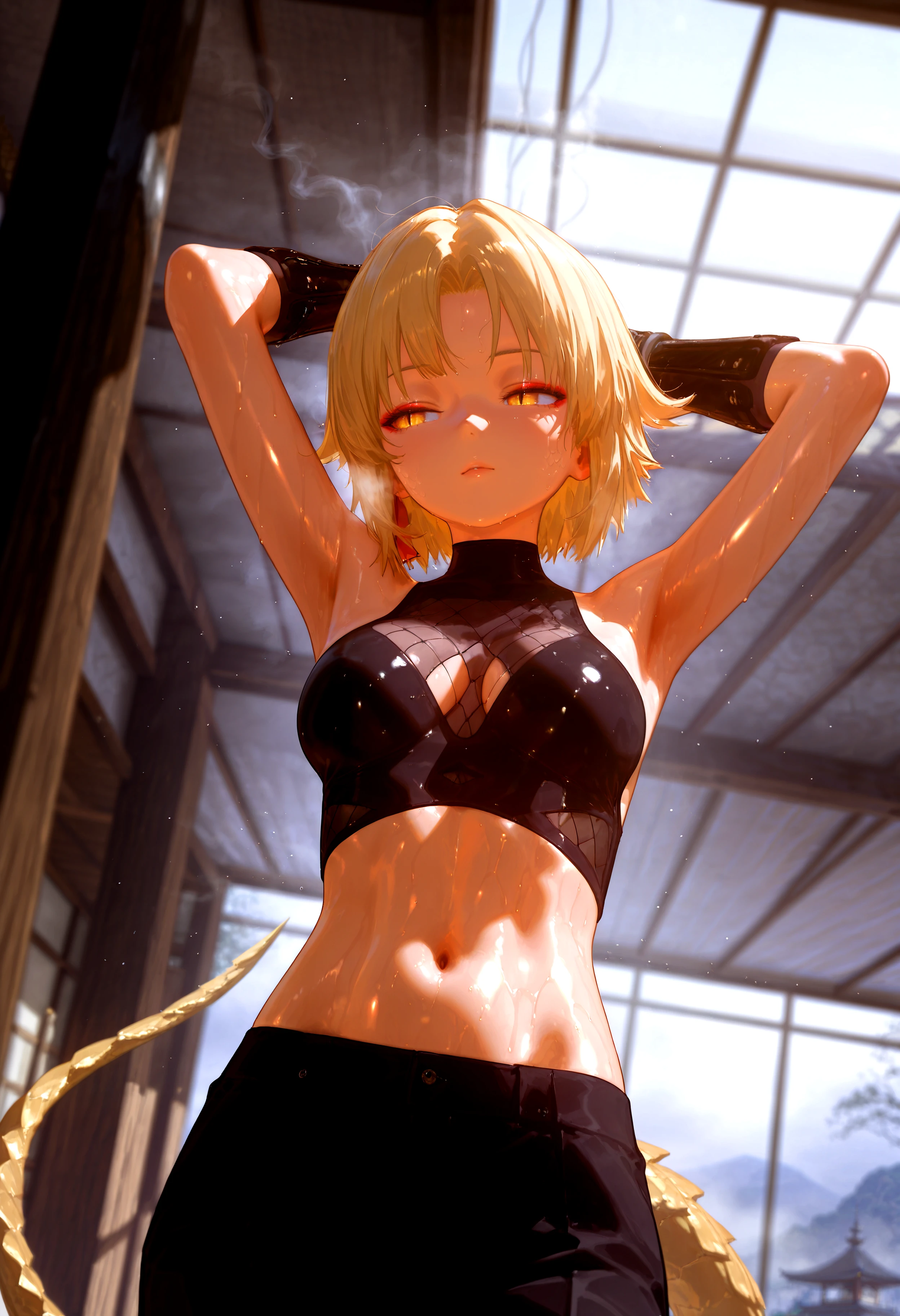Cute girl, short blonde hair, yellow eyes, lion ears, tank top, short pants, half robot body, lion tail, big breasts