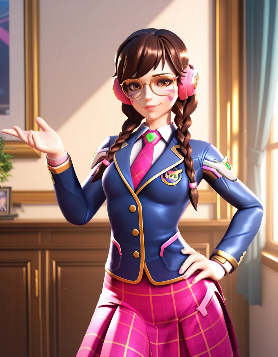 Masterpiece, high-res, 2k, best quality,   1 girl  , 3d,  d.va (overwatch), academy dva  , glasses,  <lora:dva academy illus-000040:1>  Standing with one hand on the hip looking confident