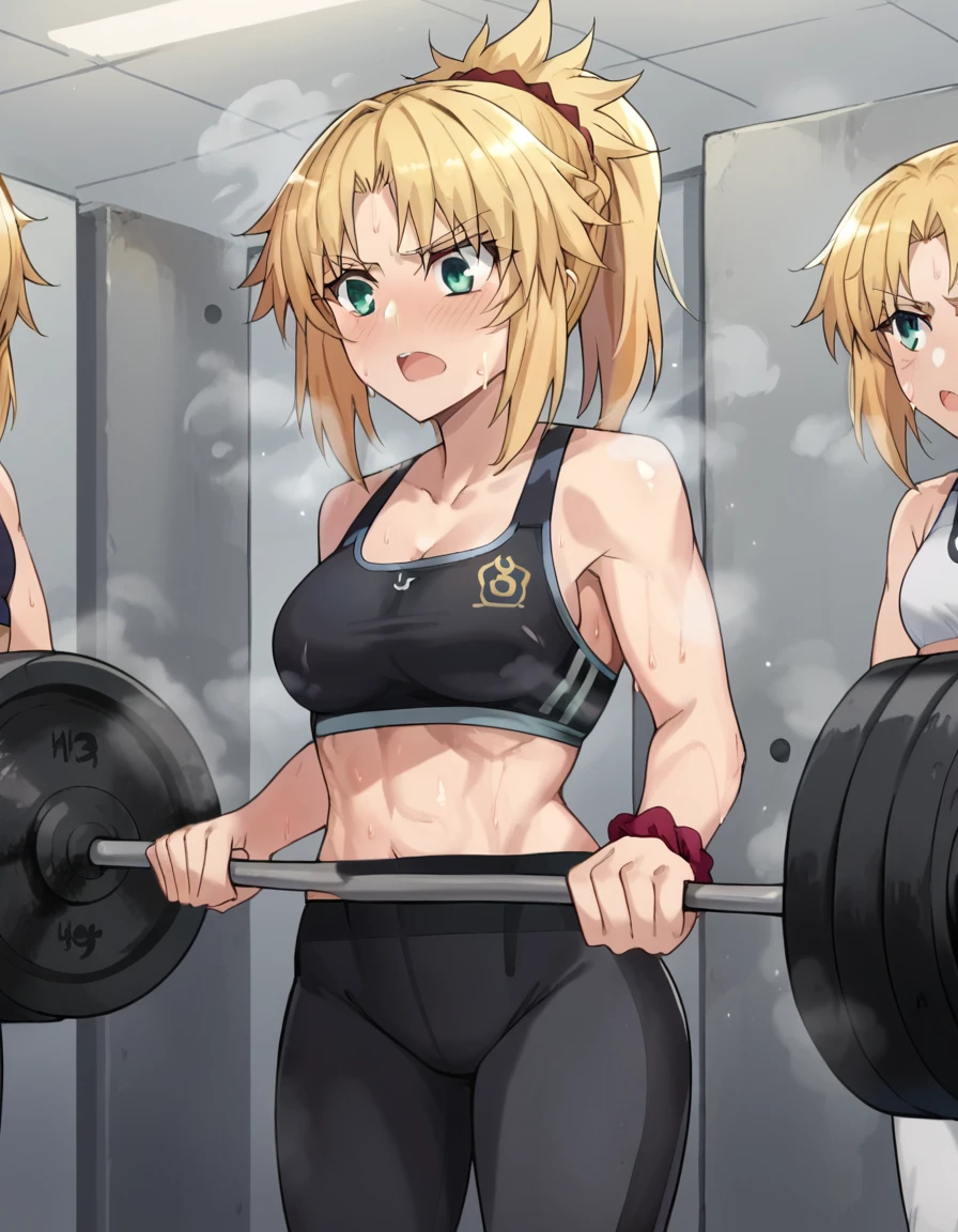 There is a woman holding a barbell in her hand, Chun Li in the gym, muscular girl, Working out, (gritting her teeth), in a gym, weightlifting, strong chest, muscular!!!, Background A gym, Beautiful anime girl squatting, Fit girl, loli, strong woman, Asuka outfit under clothes!!!, Cottagecore!!!! Fitness body, Abs, (six pack:1.6), Brown eyes, ((sweat)),