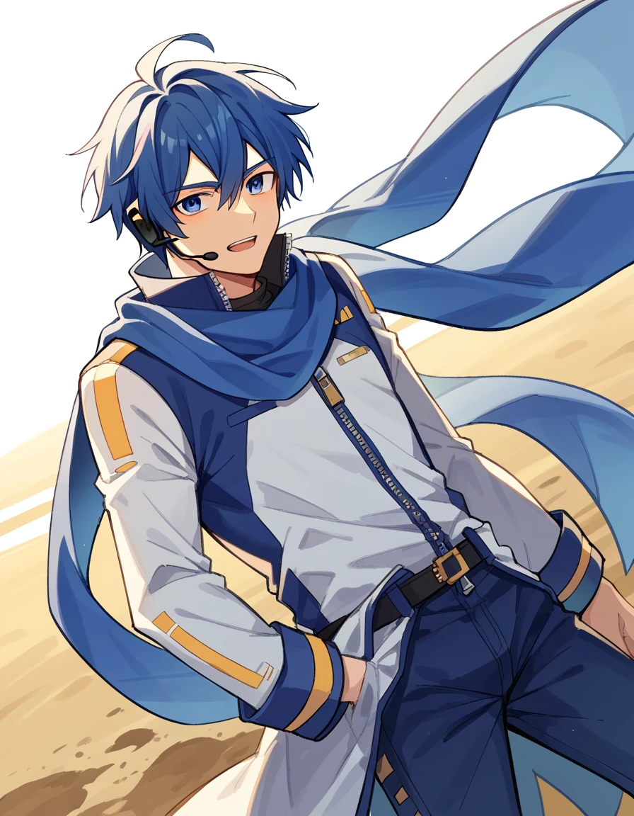 score_9, score_8_up, score_7_up, source_anime, <lora:vocaloid-kaito-ponyxl-lora-nochekaiser:1>, kaito, kaito (vocaloid), blue eyes, blue hair, male focus,, belt, blue pants, blue scarf, blue shirt, coat, headset, microphone, pants, scarf, see-through clothes, zipper, dirt road, rural, path, dust, nature, , v,, looking at viewer, solo,, dutch angle, cowboy shot