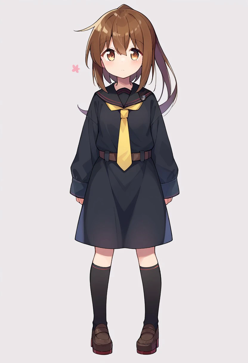 score_9, score_8, score_7, source_anime, fumizuki (kancolle), yellow necktie, kneehighs, standing, black shirt, full body, :d, belt