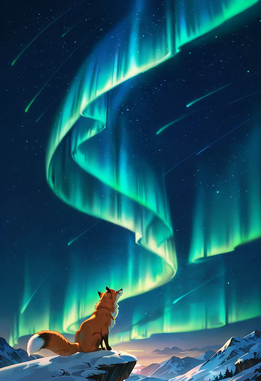 aurora borealis, aurora, starry sky, night,no humans,fox