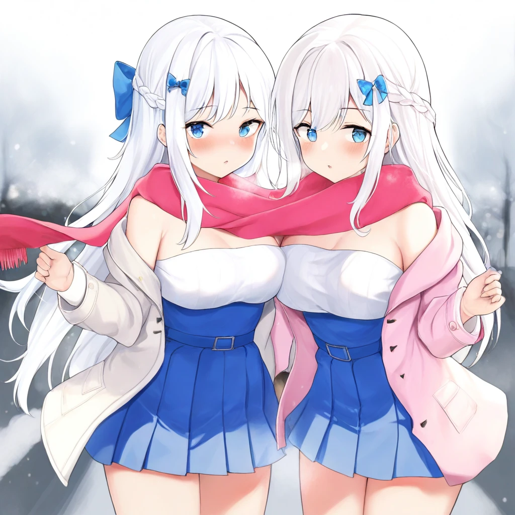 Score_9, score_8_up, score_7_up, s0s0, multiple girls, 2girls, shared scarf, shared clothes, scarf, pink scarf, blue eyes, long hair, looking at viewer, skirt, pleated skirt, dress, blush, long sleeves, braid, breasts, bow, blue skirt, bangs, hair bow, bare shoulders, jacket, white hair, parted lips, strapless, miniskirt, strapless dress, red scarf, hair ornament, cowboy shot