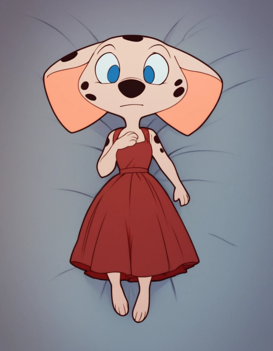 zPDXL3,<lora:Cadpig_Pony:1>,cadpig,big head,old cartoon style,blue eyes,lying,spotted body,full-length portrait,shirt,dress,,anthro,furry