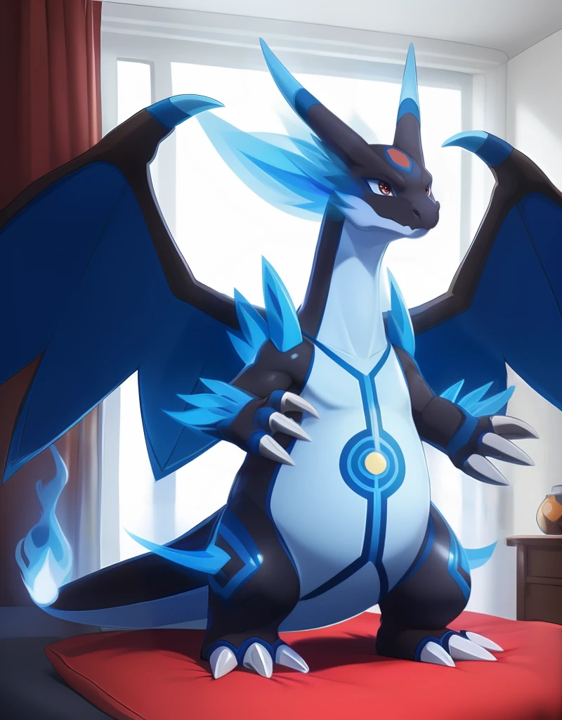 (((detailed eyes, detailed face))), (feral, normal megacharizardx2 <lora:character_charizard_megax2_findigo_v2:1>, charizard, black skin, blue belly, blue wings, claws, 3 fingers, shoulder horn, leg horn, blue horn, red eyes), male, (solo), (plump), (sfw), standing, smile, (front view) BREAK (by Victo Ngai, by Snowskau, by Victo Ngai), bedroom, (flat shading, flat color, high brightness), 8k, UHD, masterpiece, (full body), (blue flame)