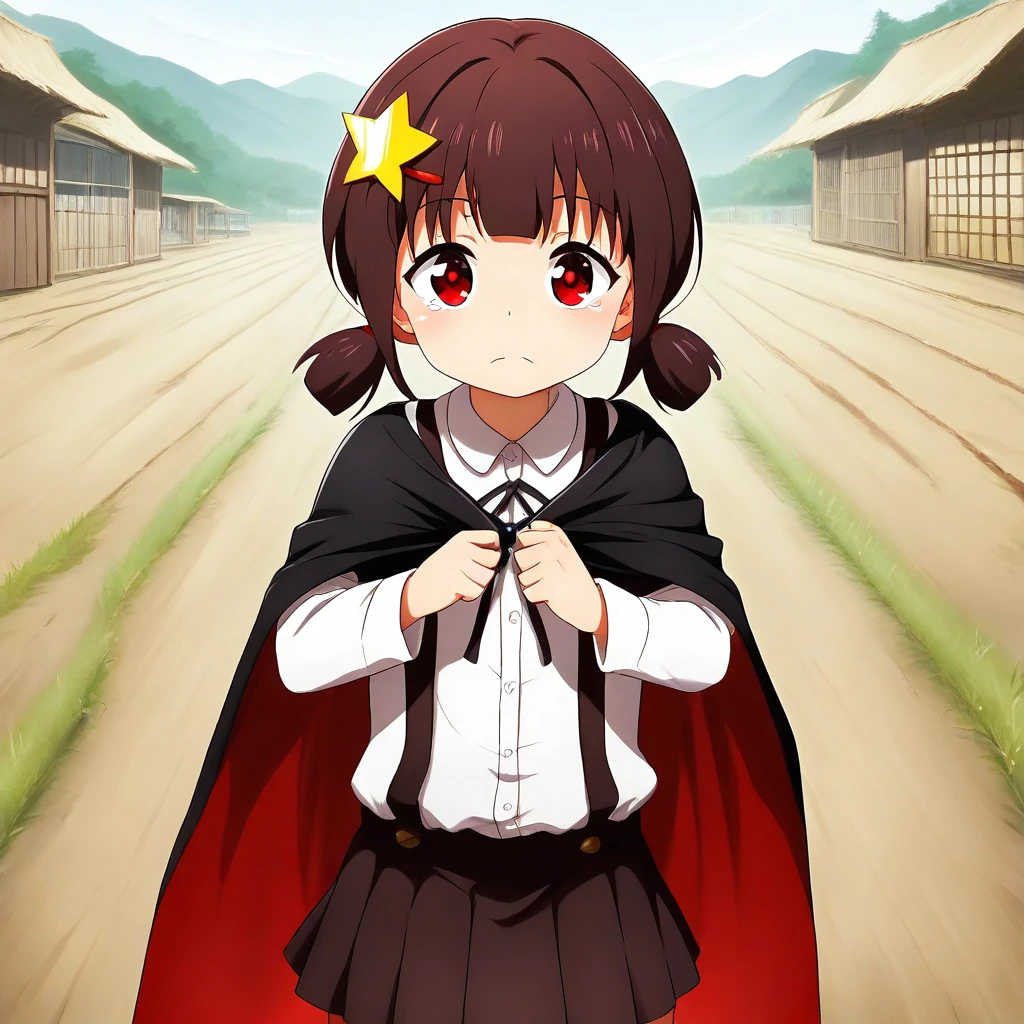 masterpiece, 1440p, 8k, UHD, amazing quality, high resolution, Komekko, 1girl, star hair ornament, skirt, red eyes, solo, suspender skirt, shirt, suspenders, twintails, white shirt, hair ornament, short twintails, low twintails, pleated skirt, looking at viewer, star (symbol), outdoors, brown hair, closed mouth, cape, long sleeves, collared shirt, bangs, day, dress shirt, standing, brown skirt, black cape, black skirt