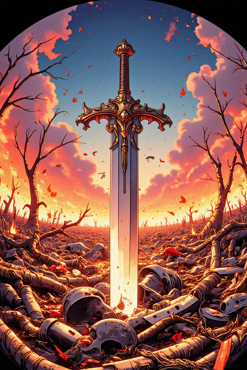 fisheye lens, A hand-drawn illustration with a fisheye perspective, a grand greatsword planted in the heart of a battlefield, its presence dominating the scene. The artwork captures the essence of post-battle desolation with the glow of fires illuminating the twisted and broken armor that lies scattered about. The greatsword, with its intricate design, stands tall amidst the wreckage, a beacon of the struggle that has taken place. The illustration uses dynamic lines and dramatic shadows to convey the weight of the moment and the solemnity of the aftermath.