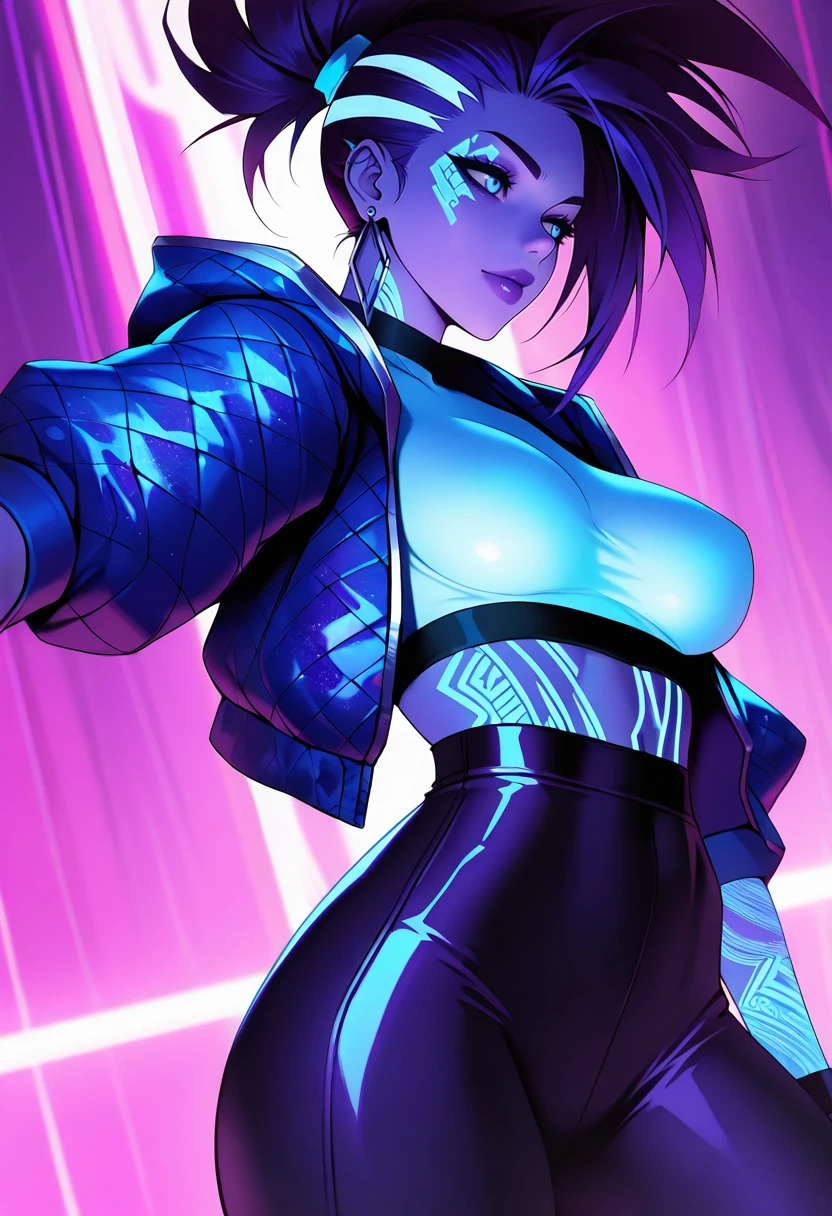 (masterpiece), (best quality), masterwork, semirealistic, 1girl, k/da all out akali, purple skin, blacklight, neon body paint, neon tattoos, glow, abstract background, masterpiece, best quality, absurdres, hyper-detailed, raytracing, masterful composition, dynamic movement