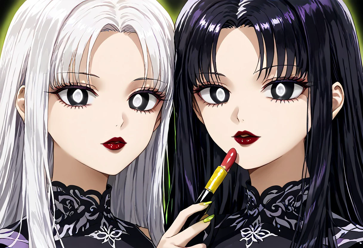 anime, empty eyes, hypnotized, lipstick, black lipstick, green lipstick, blue lipstick, yellow lipstick, red lipstick, purple lipstick, colorful lips, glossy lips, two females, adult, casual dress, long hair, black hair, white hair, black eyes, white eyes, twins, close up, applying lipstick, holding lipstick tube