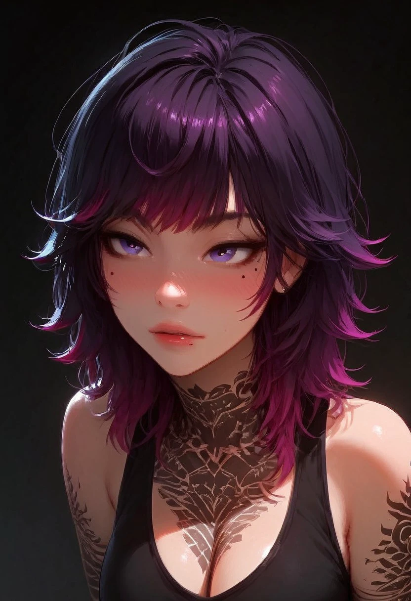 (score_9, score_8_up, score_7_up), <lora:wolf_cut:1.5>, a close-up shot focusing on a girl collarbone and up, (((portrait shot, face focus))), solo, 1girl, wolfCut, (bangs), (two-toned hair), black and purple hair,  small perky breasts, cleavage, pretty face, blush, purple eyes, ((mole under left eye)), (modern tattoos),((tattoo on chest)),pale skin, makeup, sports bra, vivid colours, Expressiveh, (white background)