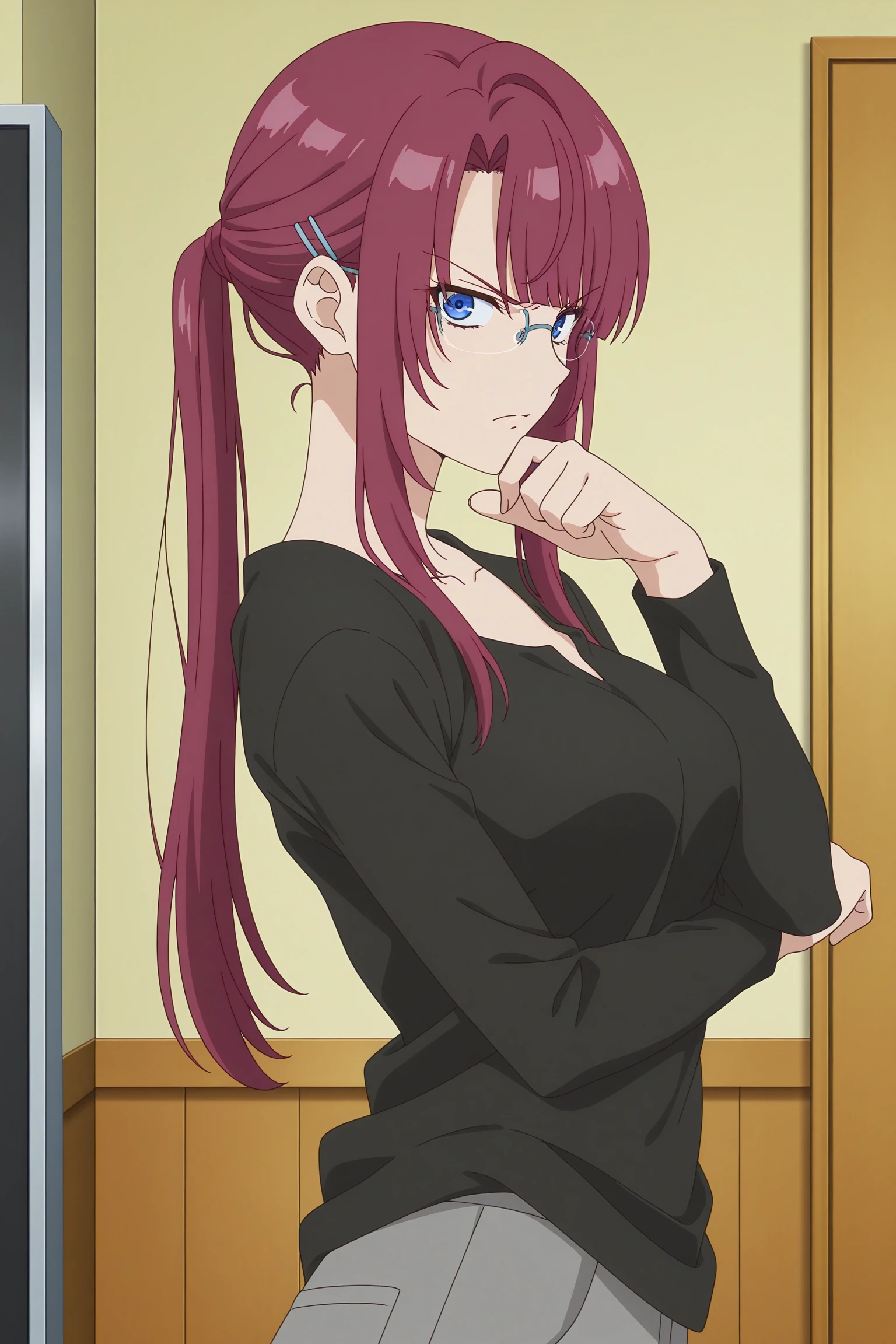 masterpiece, best quality, amazing quality, highres, absurdres, very aesthetic, high resolution, ultra detailed, perfect details, 1girl, indoors, medium breasts, shikimori miyabi, long hair, purple hair, ponytail, sidelocks, blunt bangs, blue hair clip, blue eyes, glasses, long sleeves, black shirt, (untucked shirt:1.1), collarbone, grey pants, <lora:Miyabi_Shikimori_ILXL:0.8>, (aged up:1.5), (upper body:1.5), looking at viewer, (pose:1.5), from side, angry, (anime coloring:1.5), (anime screencap:1.5),