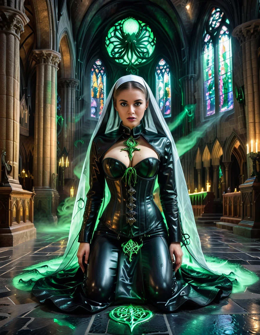 horror-themed (nsfw:1.3),Full body hyperrealism photo,extremely detailed, (nun in black latex corset:1.3),collar, Kneeling,Cthulhu cathedral,indoors,(Sinister aura:1.2).<lora:SDXLFaeTastic2400:0.4> <lora:extremely_detailed:0.4> extremely detailed <lora:Cthulhu_cathedral:1>, Masterpiece,best quality,hi res,8k,hi res,8k,award winning,(sharp focus, intricate, highly detailed),, eerie, unsettling, dark, spooky, suspenseful, grim, highly detailed