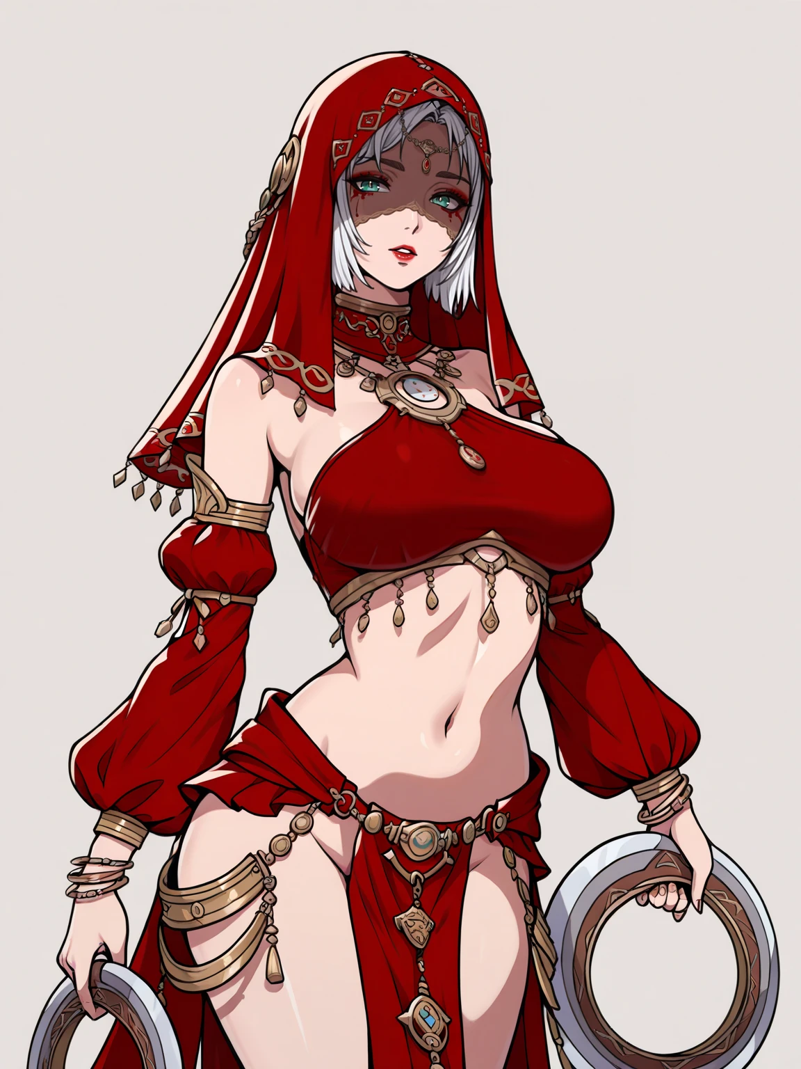 Masterpiece,best quality,vector art,looking at viewer,parted lips,cowboy shot,huge breasts,barefoot,eyeleiner,makeup,
edgDNC, 1girl, solo, breasts, navel, jewelry, medium breasts, detached sleeves, midriff, chakram weapon, veil, anklet ,wearing edgDNC
 <lora:edgDNCILS:1>