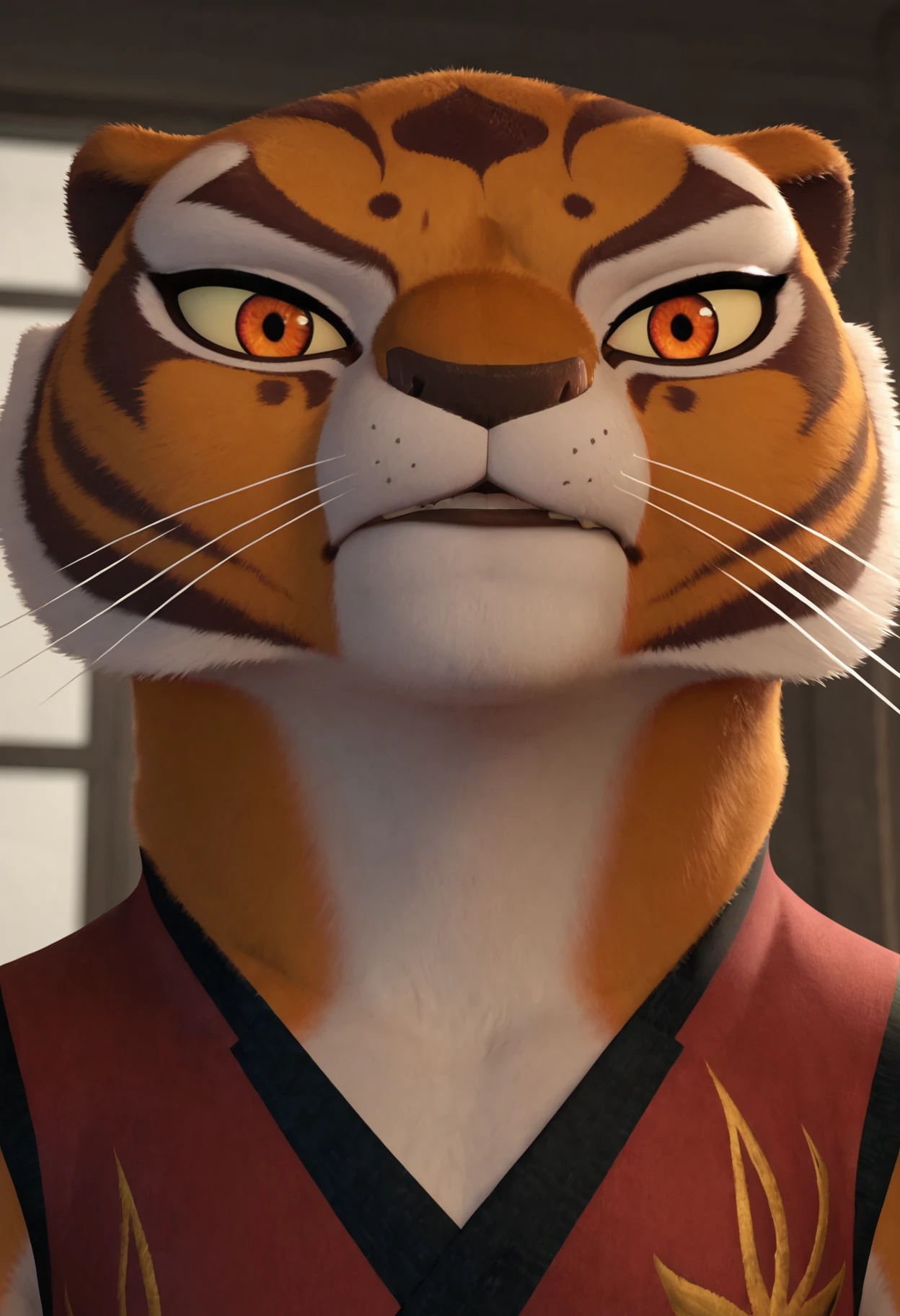 score_9, score_8_up, score_7_up, score_6_up, BREAK
source_furry, Tigress, 1girl, close-up on face, red clothes, seductive, from below, perspective, looking at viewer, perfect face <lora:tigress:0.6>