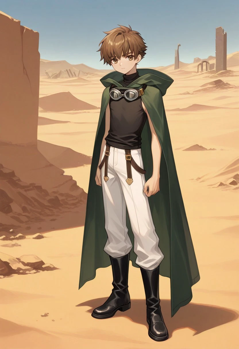 masterpiece, best quality, 

shaoran, 1boy, male focus, solo, brown eyes, brown hair, short hair, cloak, green cloak, hooded cloak, hood, goggles, goggles around neck, shirt, turtleneck, black shirt, sleeveless, pants, white pants, boots, black footwear,

outdoor, desert, ruins,