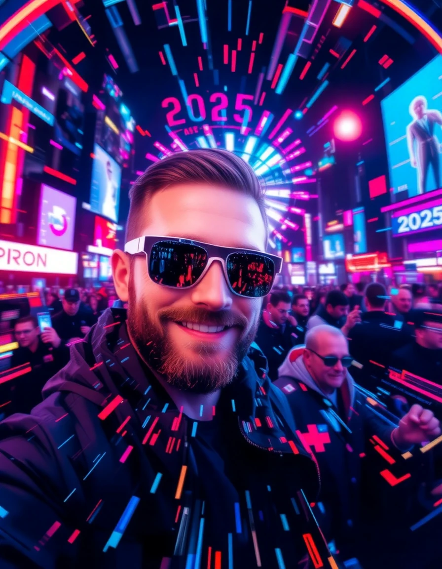 incredible glitchy image very blurred of a man taking selfie, futuristic, "2025" new year party, wears reflective googles, big smile, zap zap zap around whole scene, intense circular motion blur, blurry crowd and fireworks street party, neon night, niji