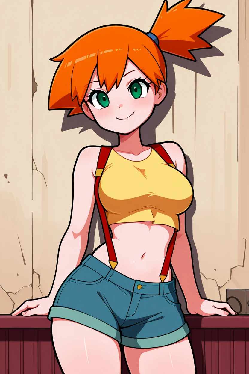 masterpiece, best quality, medium breasts,  BREAK, zzMisty, green eyes, orange hair, short hair, side ponytail, shorts, suspenders, midriff, yellow crop top, navel, denim shorts, <lora:MistyPokemonIXL:1.0>, smile, looking at viewer, cowboy shot,   <lora:LandidzuStyleIXL:1.0>,