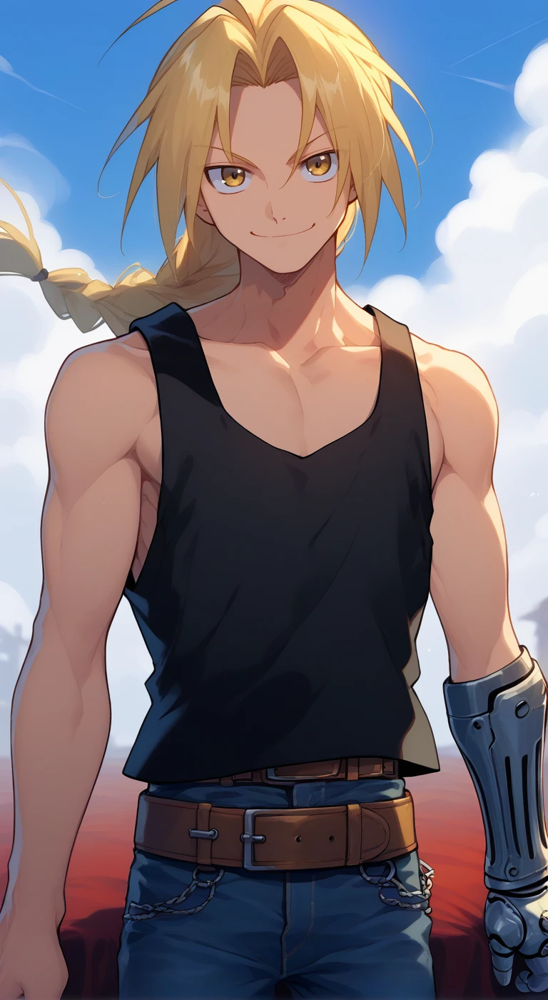 1boy,solo,male focus,lighter,edward elric,blonde hair,yellow eyes,long hair,ahoge,braided ponytail,single mechanical arm,black tank top,belt,jeans,smile,sky blue,smile,toned male,collarbone,naughty face,aged_up