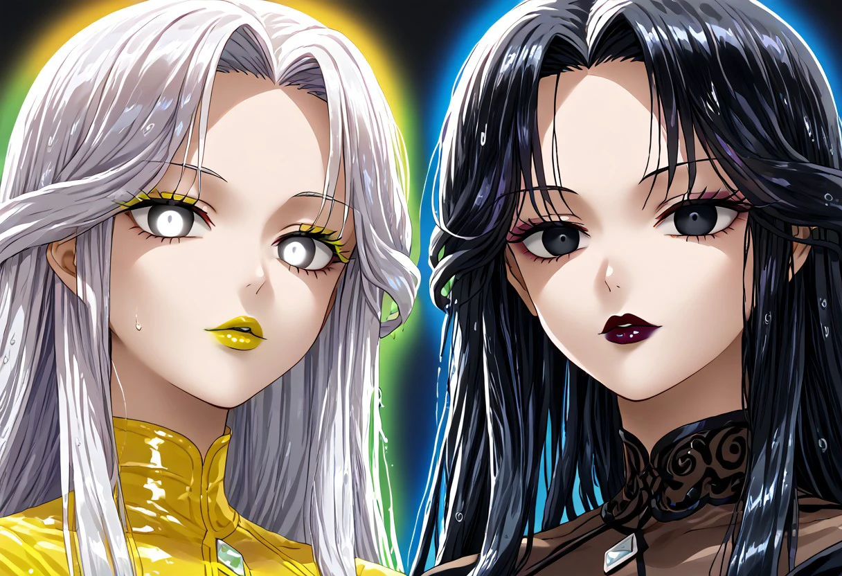 anime, empty eyes, hypnotized, lipstick, black lipstick, green lipstick, blue lipstick, yellow lipstick, red lipstick, purple lipstick, colorful lips, glossy lips, wet lips, two females, adult, casual dress, long hair, black hair, white hair, black eyes, white eyes, twins, close up
