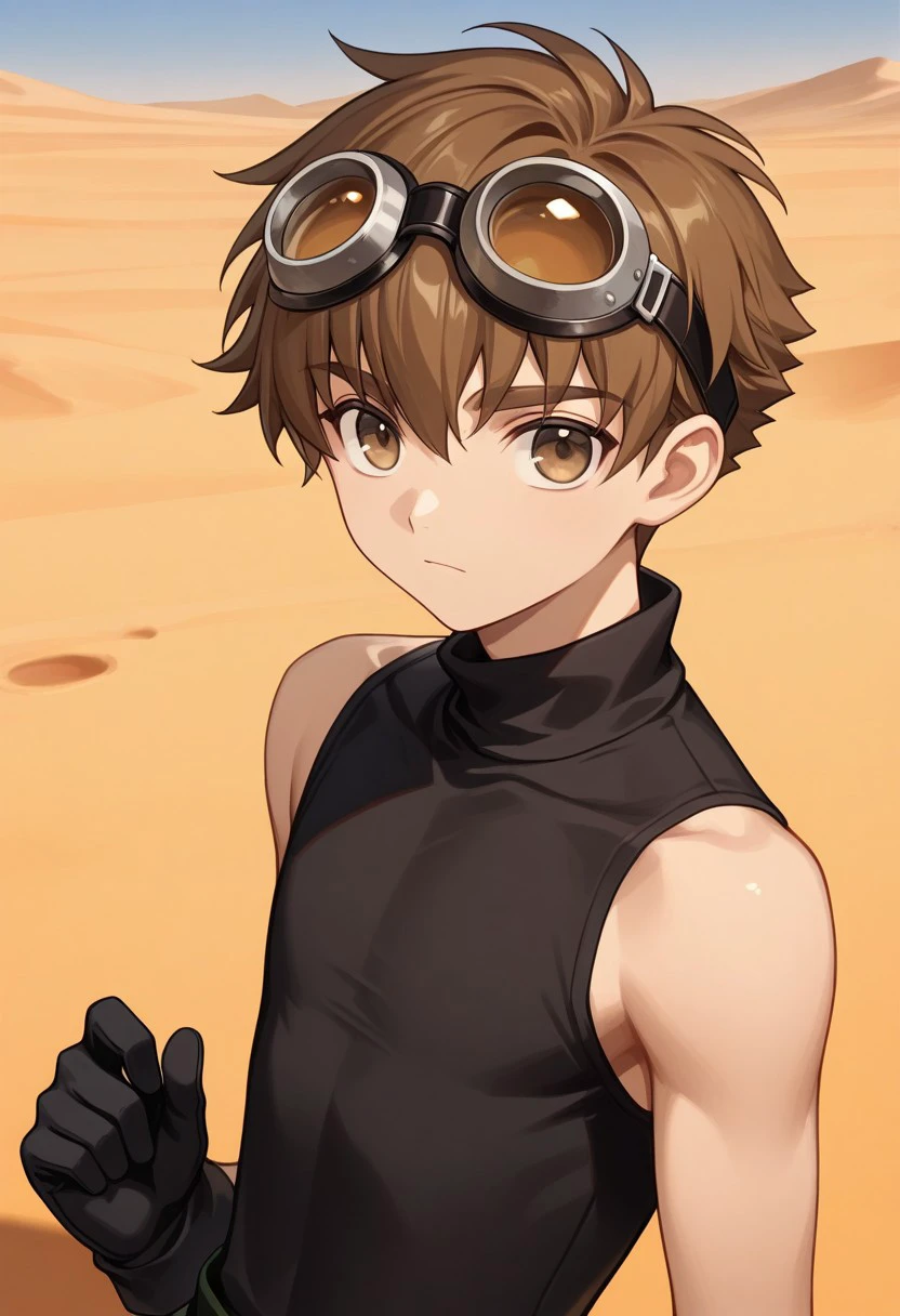 masterpiece, best quality, 
shaoran, 1boy, male focus, solo, brown eyes, brown hair, short hair, shirt, turtleneck, black shirt, goggles on head,
sleeveless, black gloves
outdoor, desert,