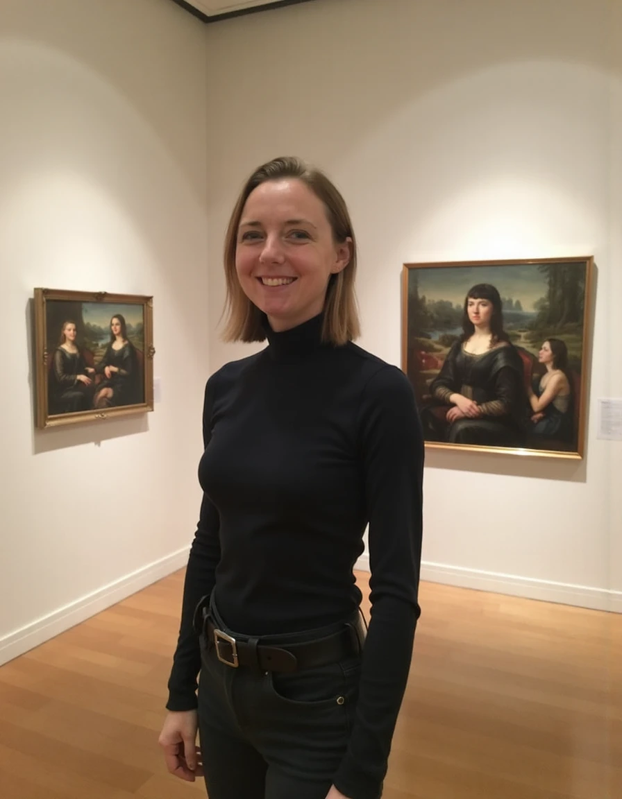 photo, worstwifeever,Standing in a modern art museum wearing a black turtleneck,  <lora:worstwifeever:1>