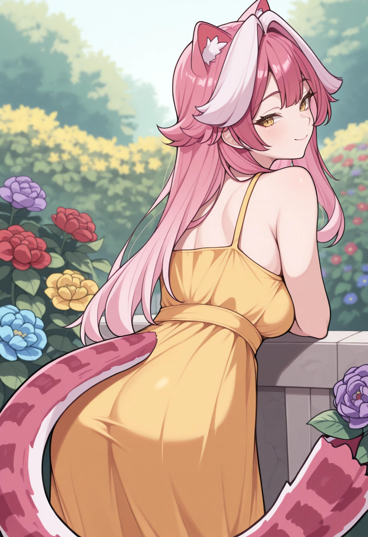 masterpiece, best quality, 1girl, solo, RaoraPanthera, yellow eyes, cat ears, pink hair, single white streak, long hair, cat tail, from behind, outdoors, looking back, smile, yellow sundress, garden, flower, red flower, blue flower, yellow flower, purple flower, <lora:ChamRaoraPantheraIllustriousXL:1>