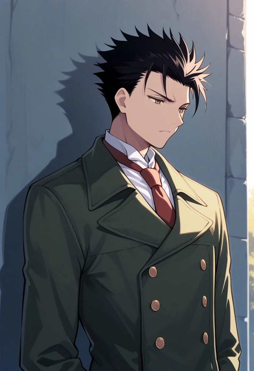 masterpiece, best quality, 
kurogane, 1boy, male focus, solo, brown eyes, black hair, short hair, spiked hair, shirt, white shirt, necktie, red necktie, double-breasted, coat, green coat,
outdoor,