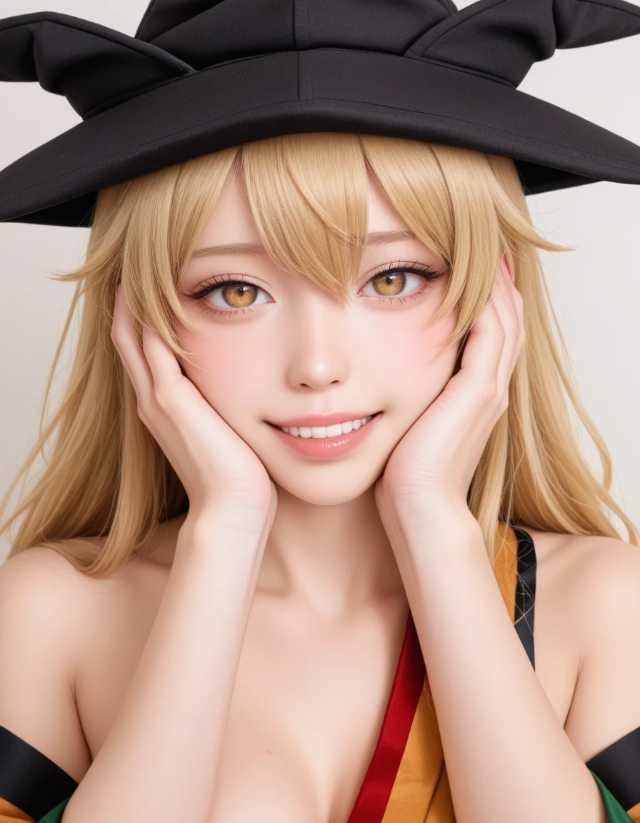 matara okina, touhou, 1girl, yellow eyes, hair between eyes, blonde hair, long hair, black headwear, brown headwear, Dandooru sex pose Dandooru sexual attire magic/magic Dandooru posture astronomy/celestial-anything  christmas/scenes body parts/expression Happy,  wide smile with raised cheeks and crow's feet around the eyes. nsfw enhancers/view, DSLR,realistic,cosplay photo, (very awa,masterpiece,best quality,year 2024,newest,absurdres,highres:1), realistic,skin texture,facial features, photography shot with Canon EOS 5D Mark IV , realistic, RAW, best quality, masterpiece, amazing quality, skin details,