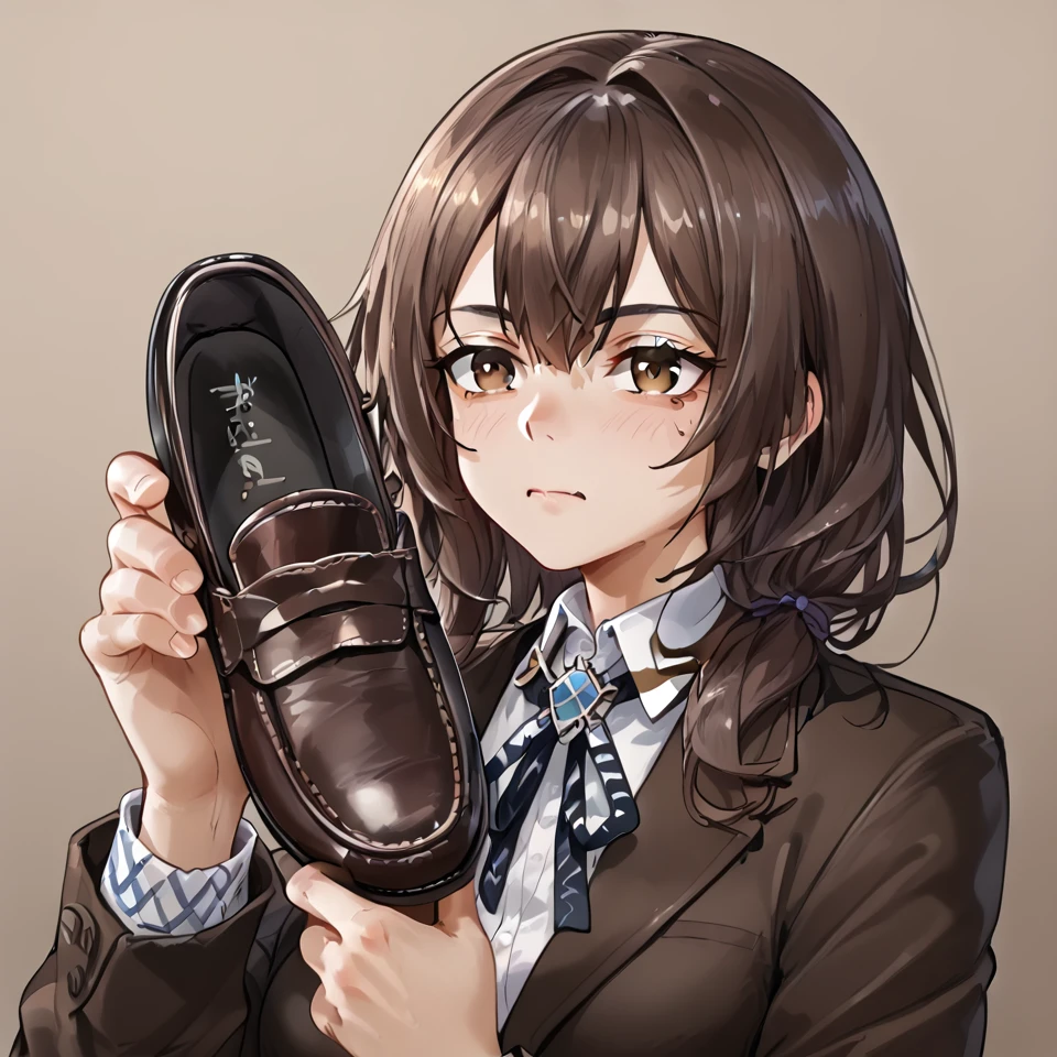 <lora:Stinky_ShoesSocks:0.8> stenki, girl holding shoe, insole, brown loafers