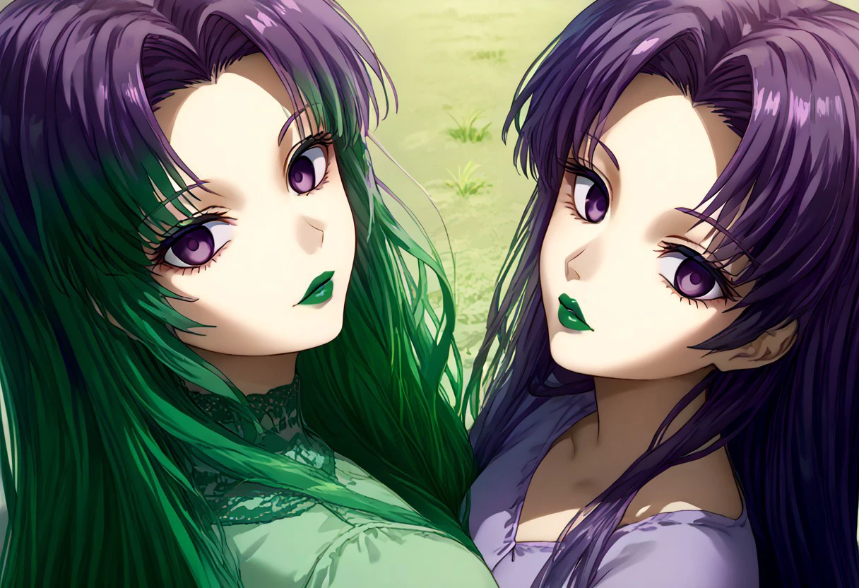anime, empty eyes, hypnotized, lipstick, green lipstick, purple lipstick, glossy lips, two females, adult, casual dress, long hair, green hair, purple hair, purple eyes, green eyes, twins, close up, ss_highangle, from behind, from above, pov, dynamic angle, look back