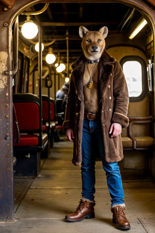 high quality realistic graphics, (((male furry focus style))), gay male hyena, steampunk city, steampunk train, standing next to train, wearing steampunk punk clothes