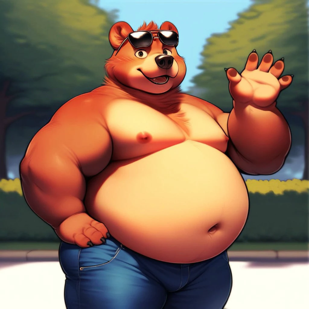 furry, fur taur, beartaur, middle-age, solo, detailed face, bear ears, bear eyes(brown), bear nose(black), bear mouth, garibaldi beard(grey), mature hair(grey), white shirt, open shirt detailed arms, thick arms, muscular, thick hands(5 fingers), detailed body belly, thick body, muscle belly(white), thick chest, chest hair(grey), detailed taur body, thick taur body, thick bear paws, thick bear tail, full body shot, standing