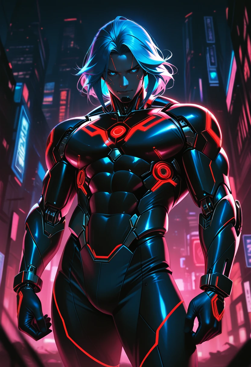 (masterpiece), (best quality), masterwork, ultrarealistic, 1boy, robot, one robot boy, standing, handsome, muscular, bara, masculine, cybernetic, mechanical parts, black bodysuit, bright red and blue hair, dark theme, s1_dram, portrait, high resolution, s1_dram, Vintage, 1990s \(style\), red neon trim, cyberpunk city background, masterpiece, best quality, absurdres, hyper-detailed, raytracing, masterful composition, dynamic movement, low light, dark, dim, cinematic lighting, high contrast, rim lighting, ray_tracing, global illumination, glow