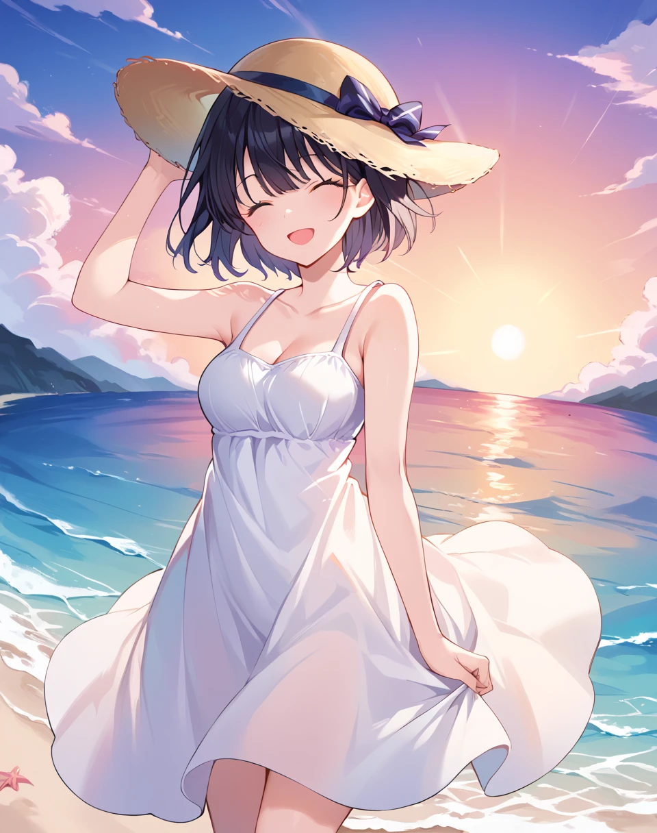 satou_koharu, black hair, short hair, closed eyes,  breasts, sundress, sun hat BREAKoutdoors, beach BREAK sexy face, sexy smile, open mouth, cowboy shot, streched arms  BREAK score_9, score_8_up, score_7_up, source_anime ,zPDXL, perfect hand, <lora:Satou_Koharu:0.8>