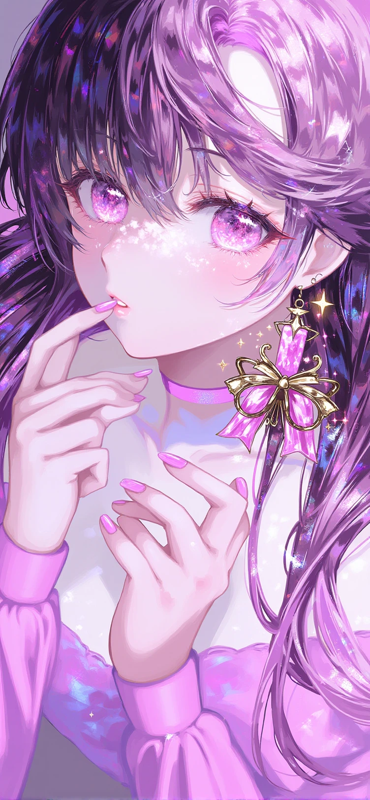 A fantasy-themed digital illustration. The overall style is detailed, with a emphasis on the play of light and the reflective qualities of the character's eyes and accessories. a cute girl colors