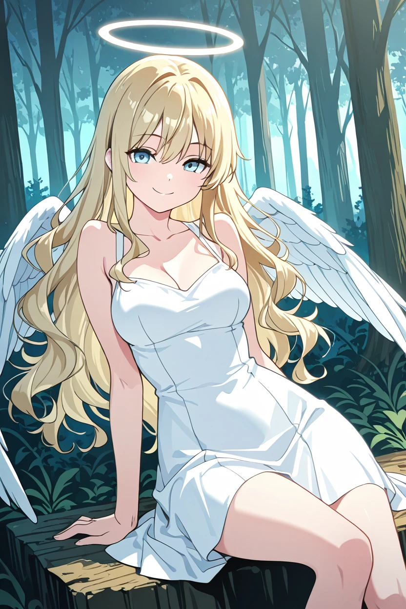 masterpiece, best quality, medium breasts,  BREAK,  1girl, solo, blonde hair, wavy hair, angel, angel wings, halo, smile, sitting, forest, white dress, smile, looking at viewer, cowboy shot,   <lora:ShoujoRamuneIXL:1.0>,