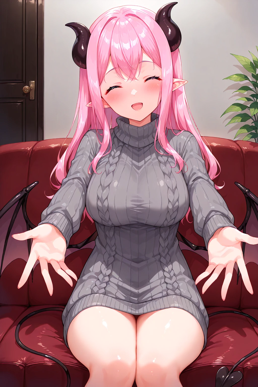 <lora:Succubus62 Illustrious:0.6>, succubus, sweater dress, turtleneck sweater, smile, closed eyes, grey sweater, sitting, incoming hug, :d, closed eyes, blush, head tilt, indoors, couch