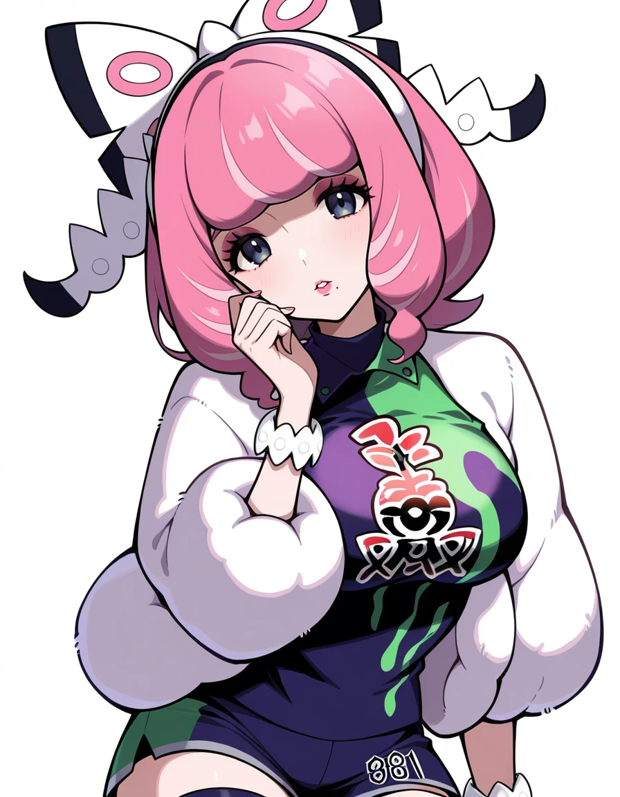 masterpiece, best_quality, absurdres,<lora:klara_pokemon_il:1> klara_pokemon, short_hair, pink_hair, drill_hair, hairband, mole_under_mouth,  eyeshadow, pink_lips, bracelet, flipped_hair, white_jacket, jewelry,  thighhighs, asymmetrical_legwear,  by_yue3621, 1girl, breasts, upper_body, looking_at_viewer, parted_lips, solo, simple_background, large_breasts, blunt_bangs, head_tilt, white_background, turtleneck