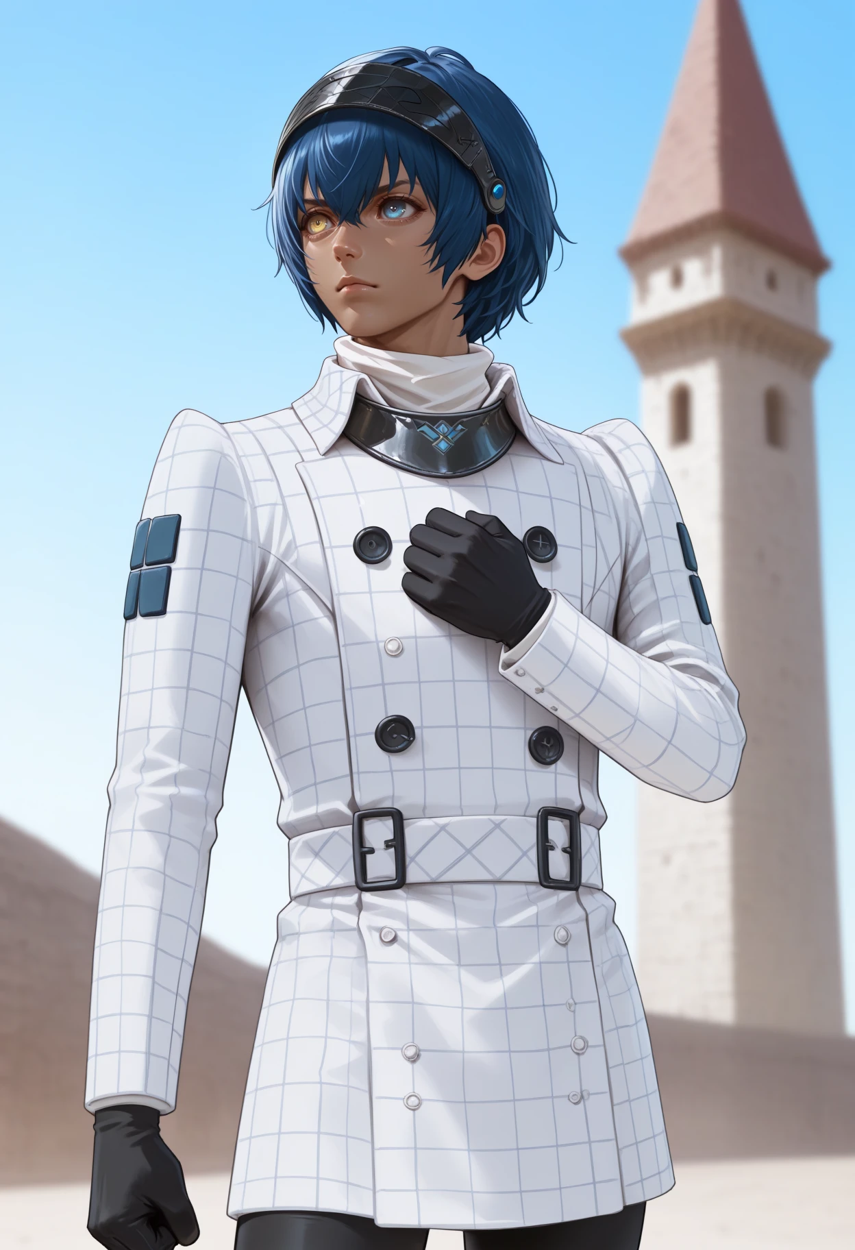 masterpiece, best quality, realistic, 1boy, hand on own chest, clenched hand, serious, looking afar, <lora:ProtagonistMR-illu:1> dfProtag, blue hair, short hair, hair between eyes, black visor \(armor\), heterochromia, yellow eyes, blue eyes, dark-skinned male, plaid coat, collared coat, white turtleneck, long sleeves, double-breasted, black gloves, black leggings, tower, blue sky