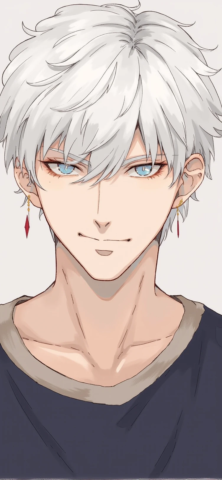 An anime-style illustration.  a handsome man with white hair, and blue eyes