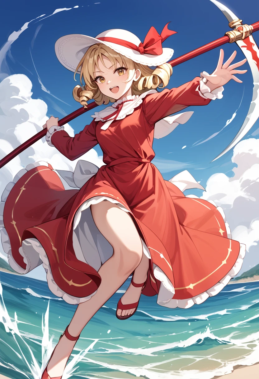 score_9_up, score_8_up, score_7_up, BREAK source_anime, (masterpiece), (best quality), 1 girl, elly, blonde hair, dress, hat, red ribbon, yellow eyes, long sleeves, red dress, short hair, holding_scythe, wielding scythe, drill hair,  (from side:0.6), open mouth, beach, jumping, windy, <lora:elly(touhou)-V2:1>