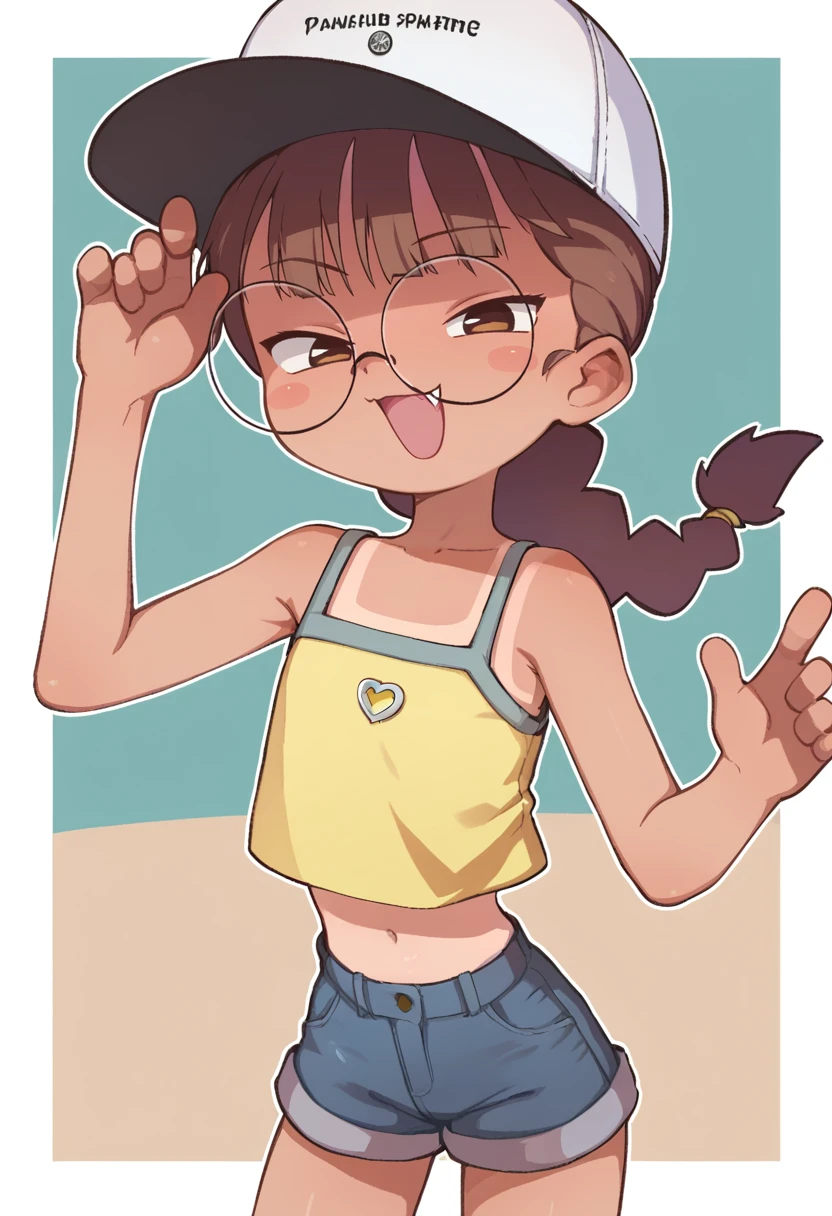 score_9, score_8_up, score_7_up, rating_safe,
BREAK
<lora:orenji-imouto:0.8>, orenji, brown eyes, glasses, brown hair, braid, blush stickers, white dress, fang, smug, tan, tanlines, hat, yellow crop top, , , denim shorts, ,
BREAK
solo,