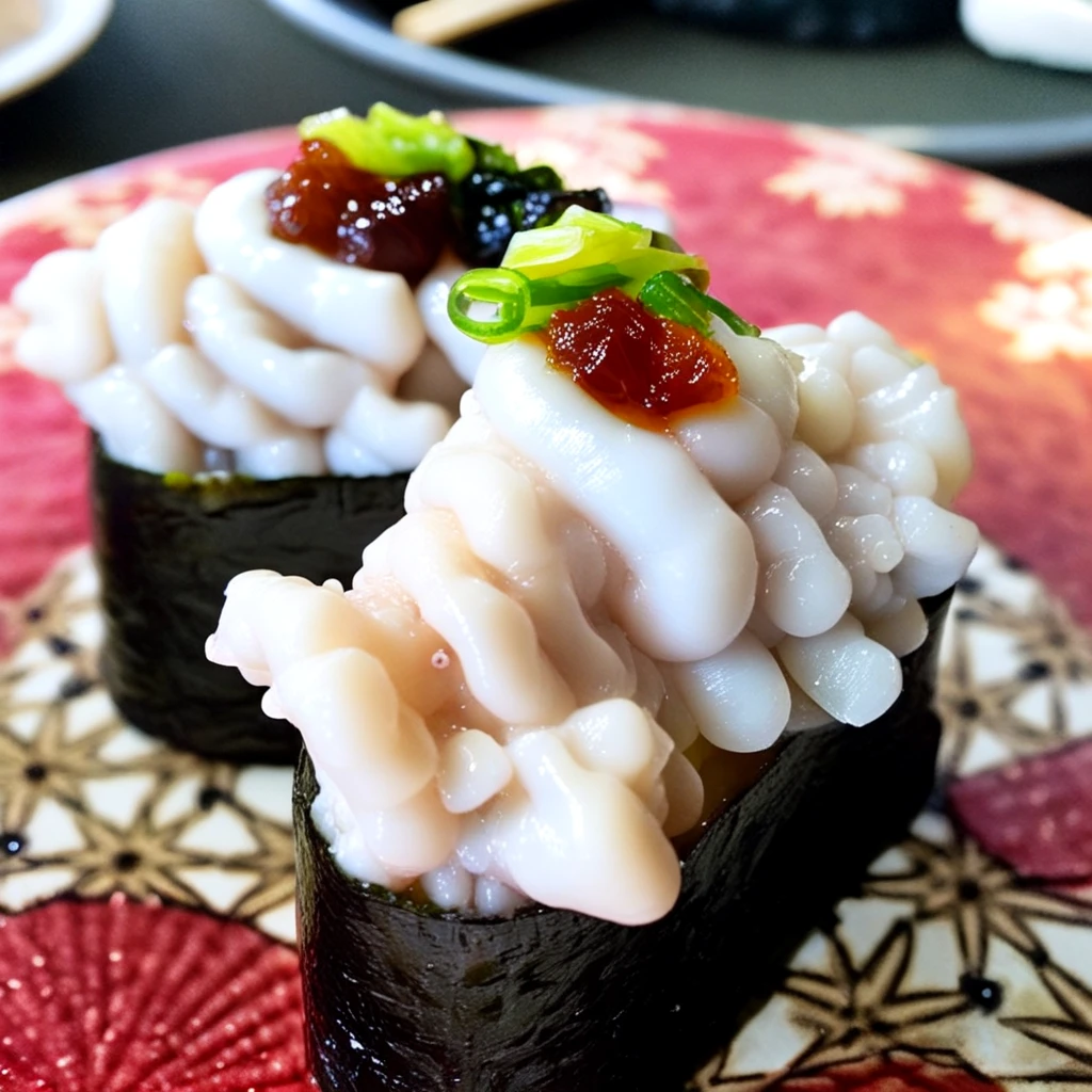 <lora:Cod_milt_IL:0.7>, no_humans, depth_of_field, plate, food_focus, photo_background, Milt, white fish roe, sushi, rice, spring onion