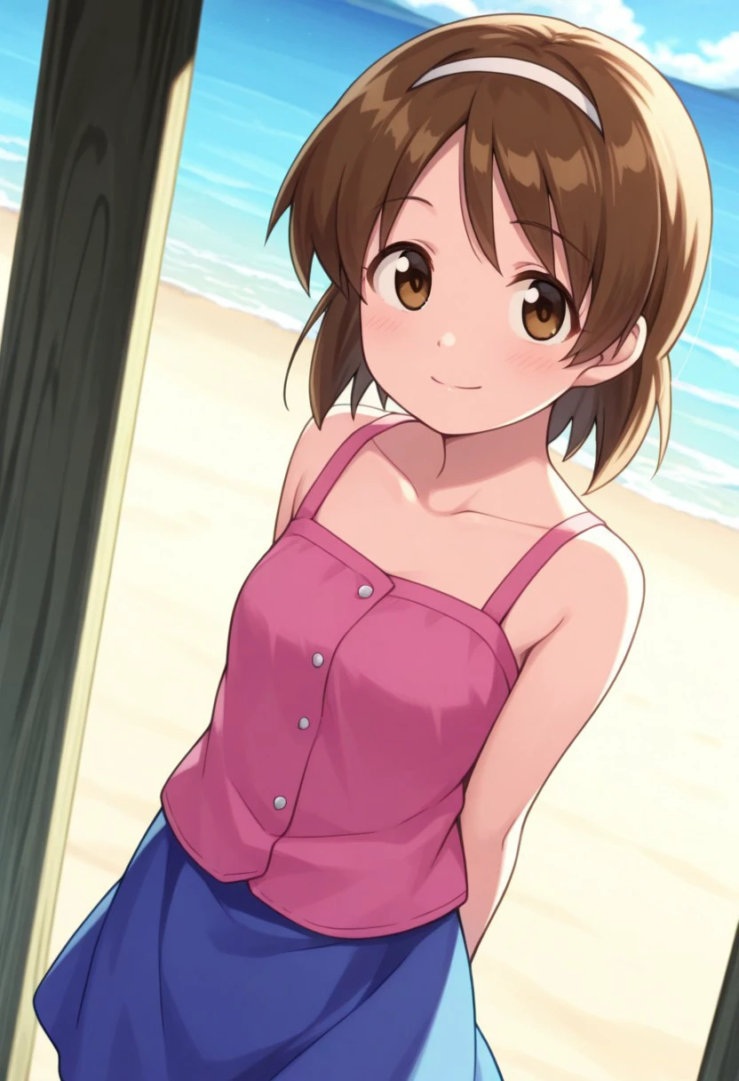 masterpiece, best quality, 
sanae, 1girl, solo, brown eyes, brown hair, hairband, short hair, dress, pink dress, bare shoulders, skirt, blue skirt, smile
outdoor, beach,