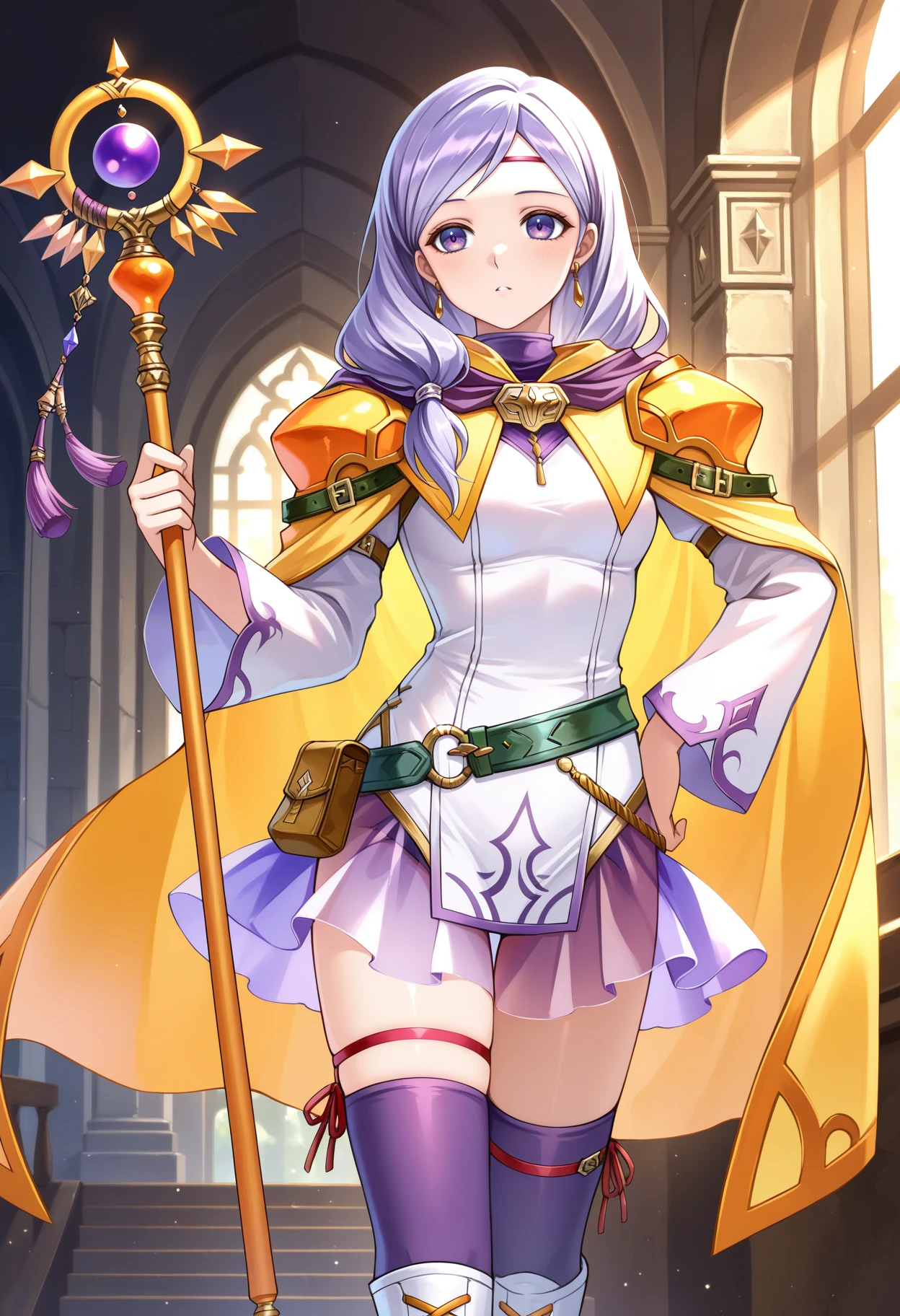 1girl, <lora:IlyanaIL:1> ilyanaArch.
an illustration of a girl holding a staff while having her hand on her hip. she is indoors in a castle.
lavender hair, bangs, lavender eyes, circlet, yellow cape, yellow shoulder pads, white short dress, long sleeves, green belt, jewelry, purple skirt, see-through skirt, purple thighhighs, red thigh straps, white lace-up boots, orange lace
solo, holding, holding staff, hand on own hip, parted lips,
masterpiece, perfect quality, best quality, absolutely eye-catching