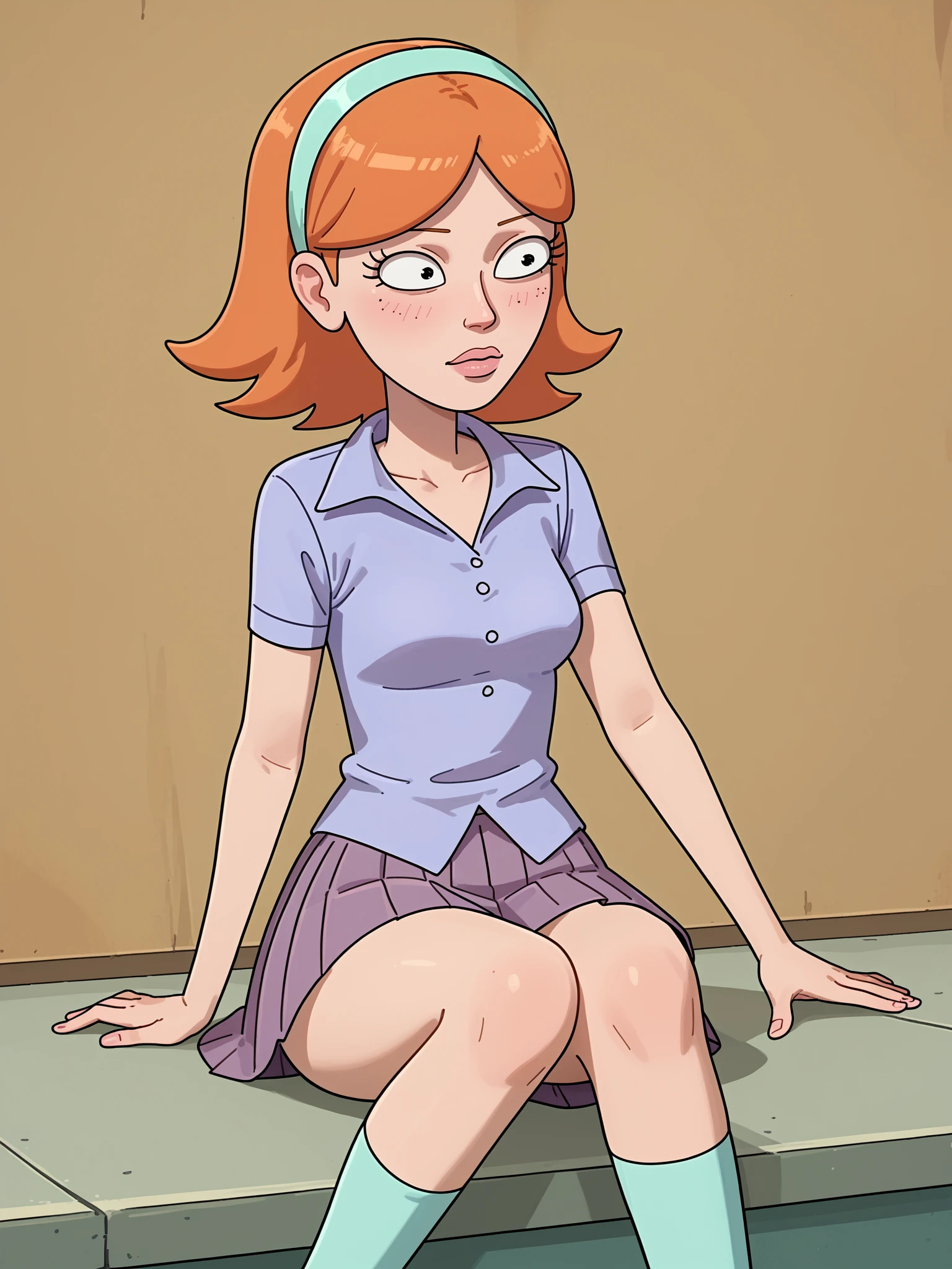 score_9, score_8_up, score_7_up, score_6_up,  <lora:Jessica_-_Rick_and_Morty:0.8> jessicarickandmorty, 1girl, solo, orange hair, lightblue headband, lavender shirt, plum skirt, pleated skirt, lightblue socks, white slipons