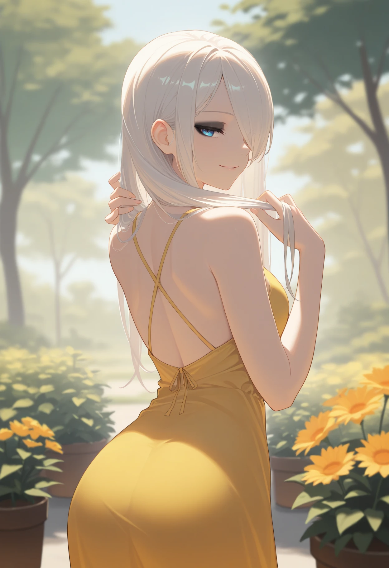 masterpiece, best quality, 1girl, solo, Angel1seR3iter, blue eyes, white hair, long hair, hair over one eye, black eyeshadow, from behind, looking back, seductive smile, holding own hair, back, yellow sundress, outdoors, garden, <lora:ChamAngeliseReiterIllustriousXL:1>