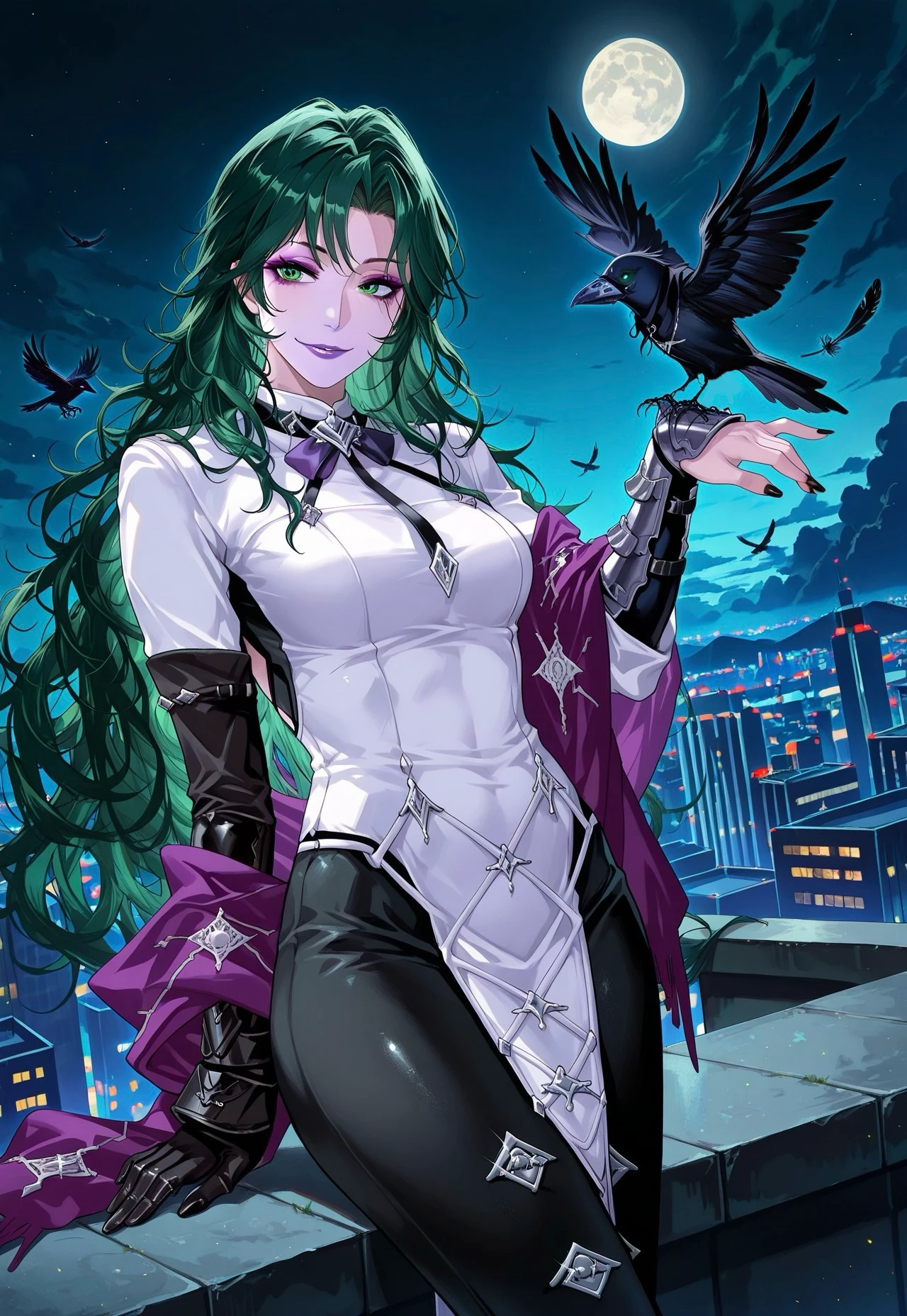 masterpiece,best quality,amazing quality, Dutch angle, from side, solo, mature female, ravenptn, green hair, parted bangs, very long hair, green eyes, eyeshadow, purple lips, black nails, shawl, uniform dress, waist leggings, Bow collar, right elbow glove, asymmetrical arms, left arm bracer, outdoors, seated on rooftop, overlooking a city, night, moon, single crow, smile, distant stare